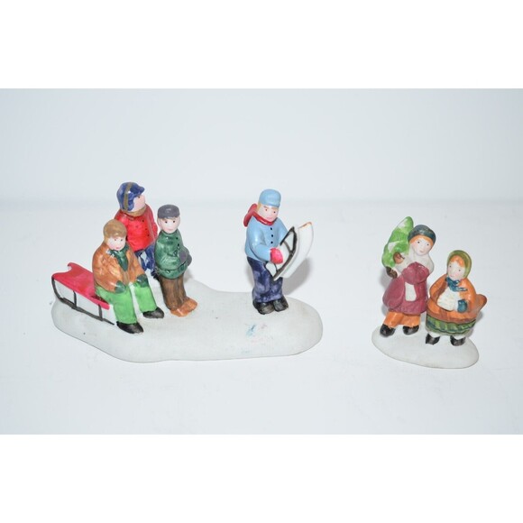 Lemax Dickensvale Porcelain Sledding Party Christmas Village Figures Tree - Picture 1 of 9